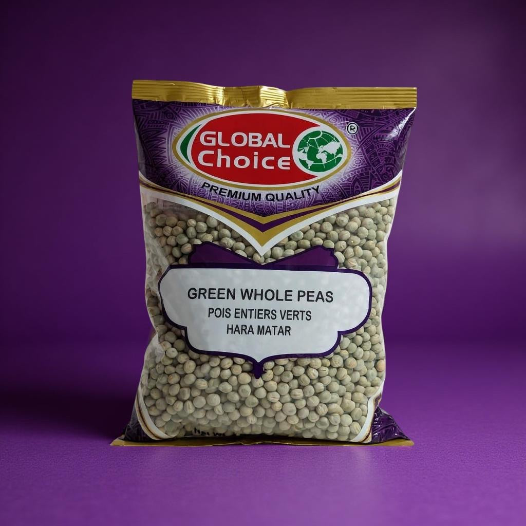 Bag of Global Choice green whole peas on a purple background