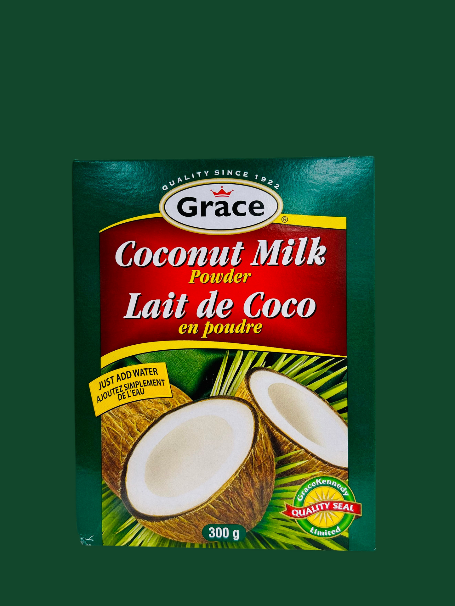 Grace Coconut Milk Powder packaging on a green background