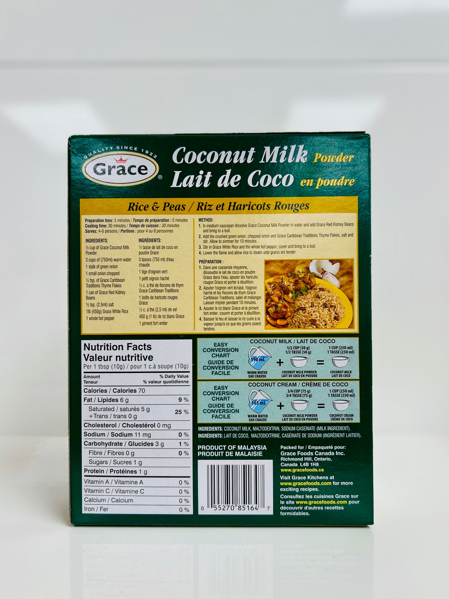 Box of Grace Coconut Milk Powder with nutritional information on a white background