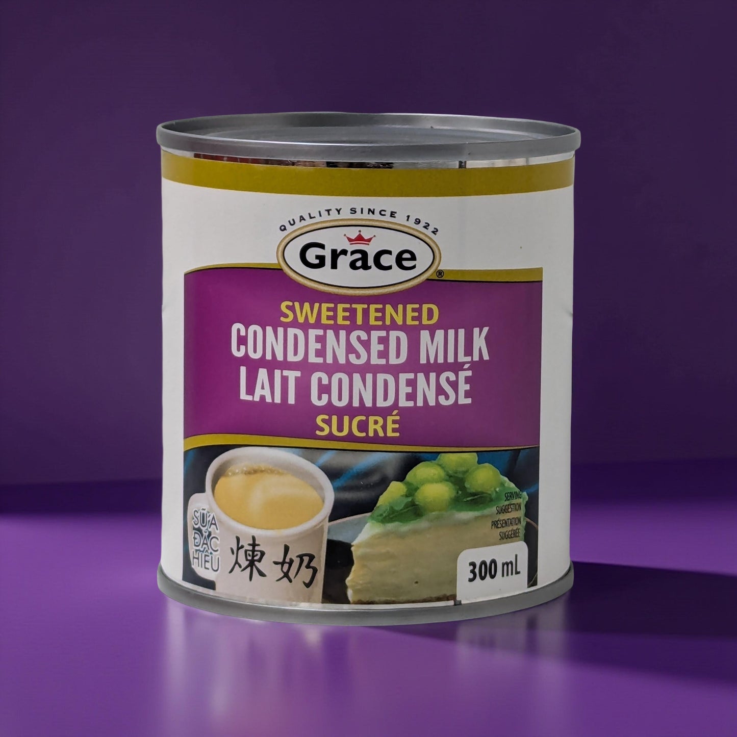Can of Grace sweetened condensed milk on a purple background