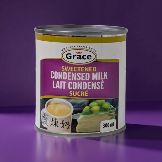 Can of Grace sweetened condensed milk on a purple background
