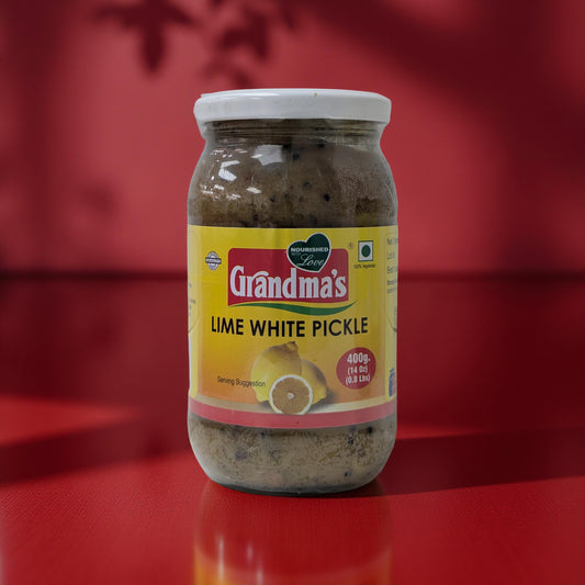 Jar of Grandma's Lime White Pickle on a red background