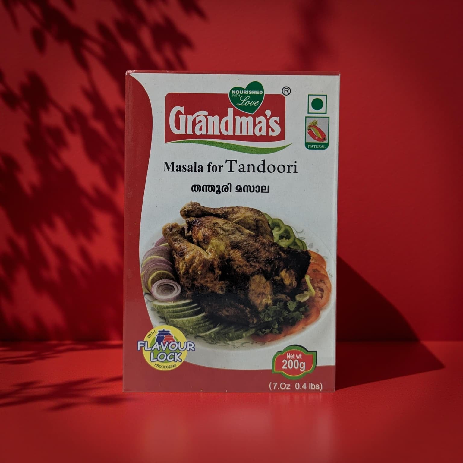 Box of Grandma's Masala for Tandoori against a red background