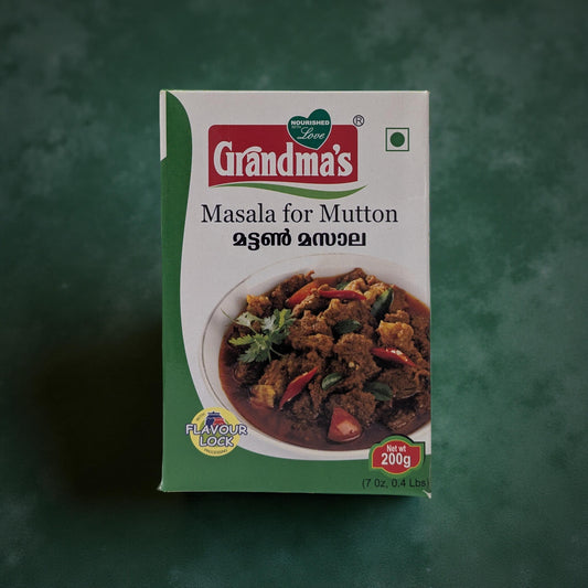 Box of Grandma's Masala for Mutton on a green background