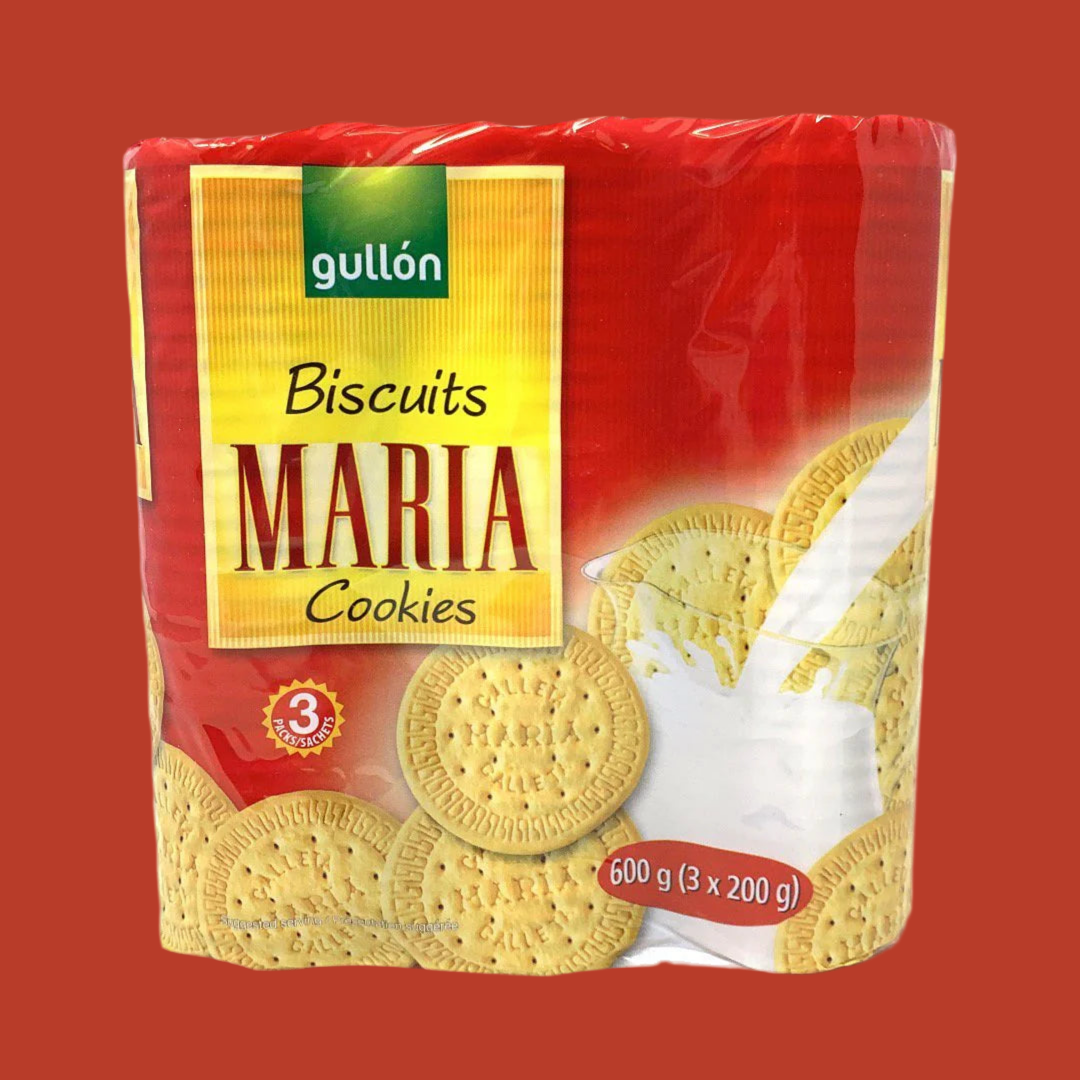 Packaging of Gullon Maria Cookies with a red background