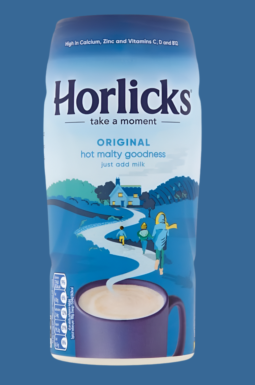 Horlicks packaging with a scenic illustration on a blue background
