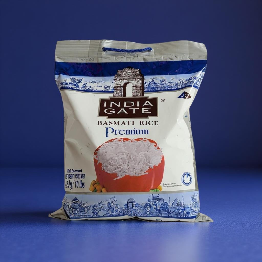 Bag of India Gate Basmati Rice on a blue background