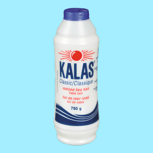 Kalas iodized sea salt bottle on a light blue background