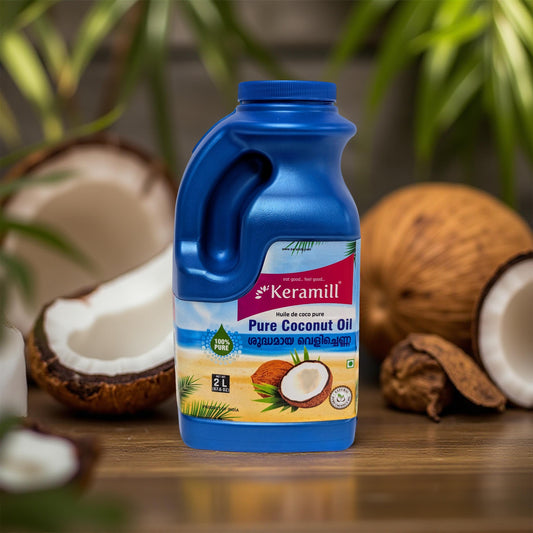 A bottle of KERAMIL-Coconut-Oil-2-Ltr in blurred background