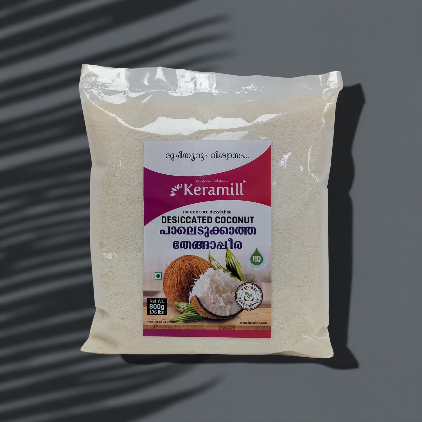 Keramull desiccated coconut packaging on a gray background