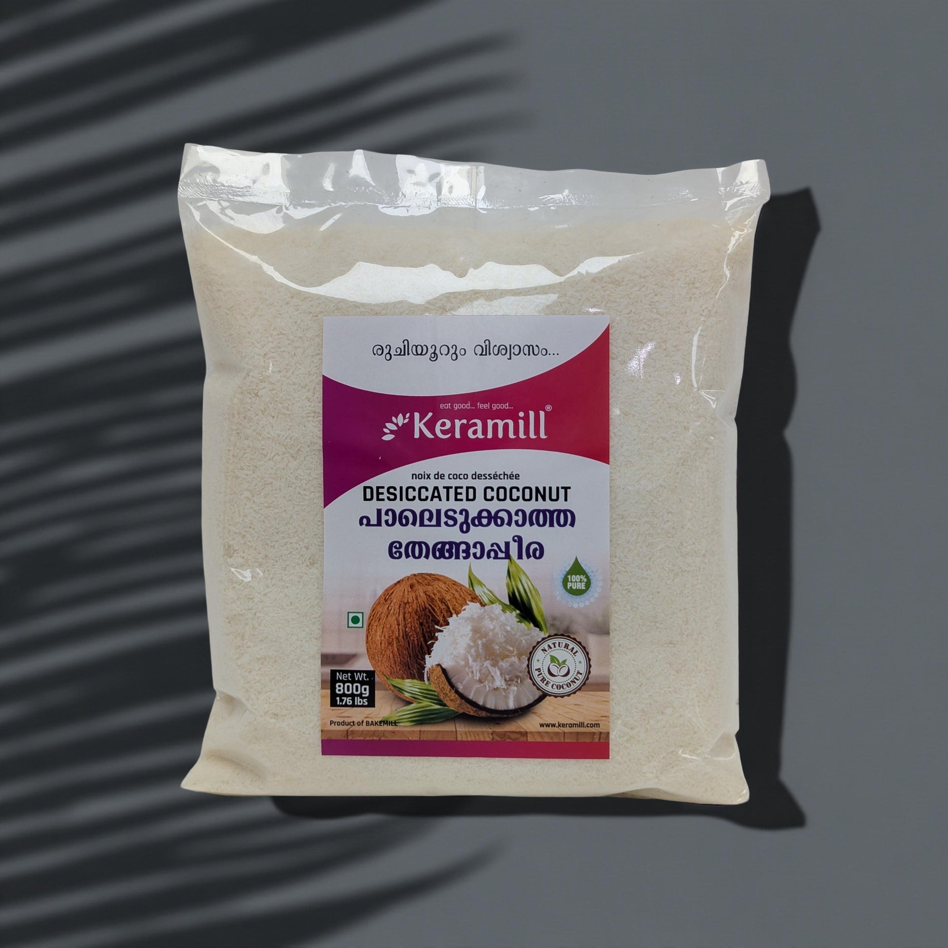 Keramull desiccated coconut packaging on a gray background