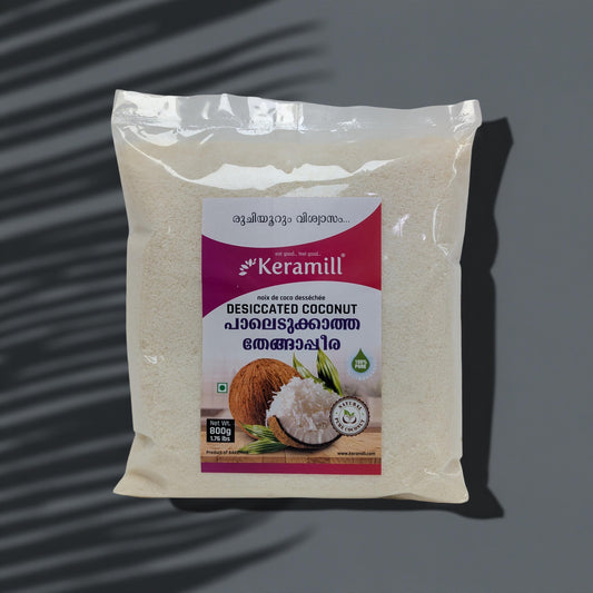 Keramull desiccated coconut packaging on a gray background