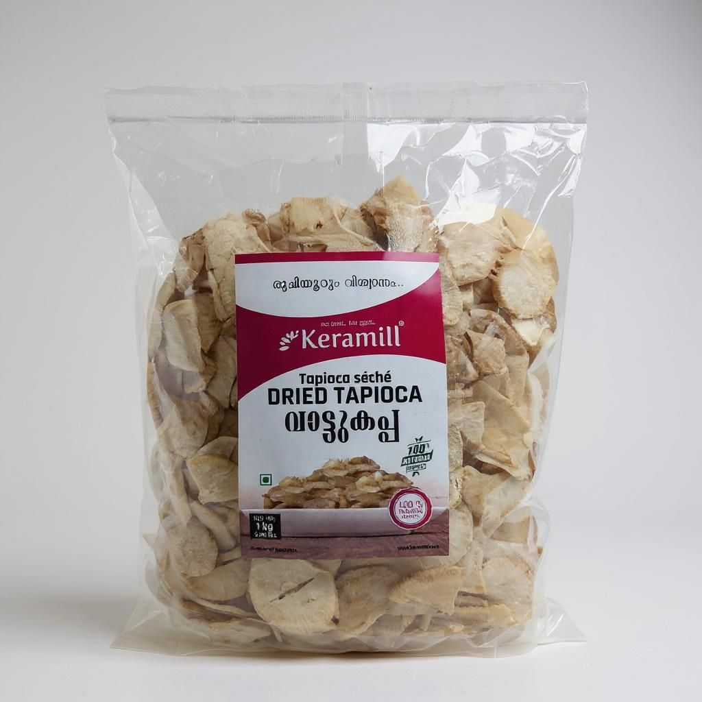 Packaged dried tapioca chips with Keramill label on a white background