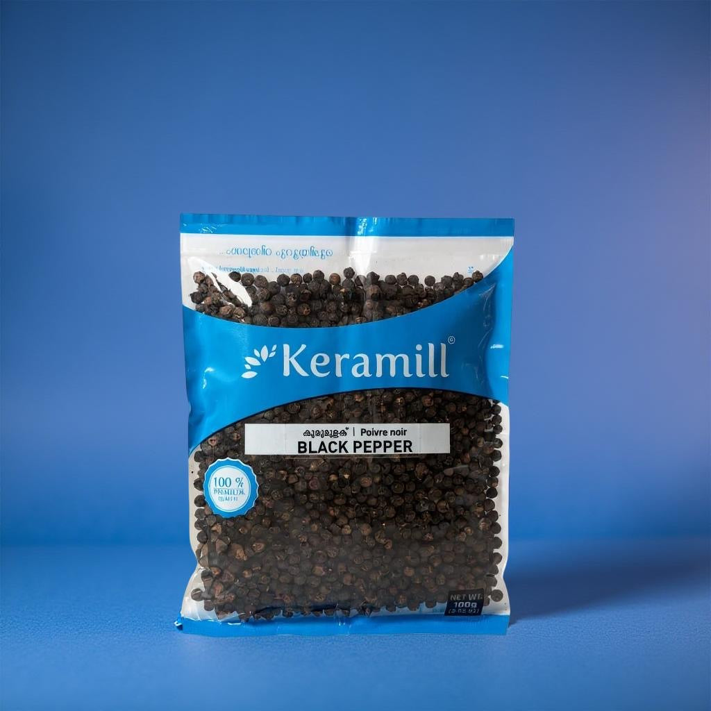 Keramill black pepper package on a blue background