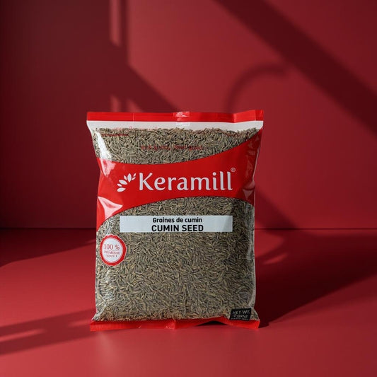 Keramill cumin seed package on a red background