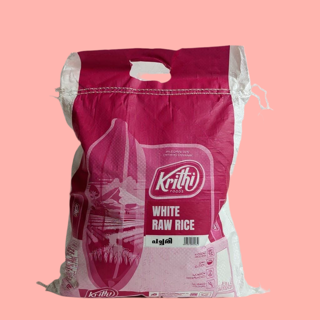 Bag of Krithi White Raw Rice on a pink background