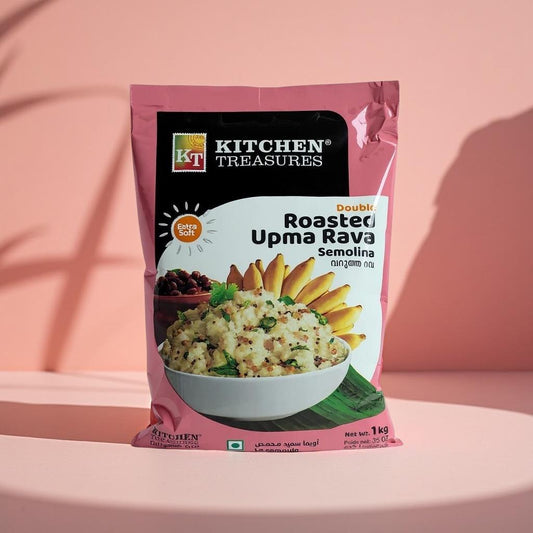 Kitchen Treasures Roasted Upma Rava package on a pink background