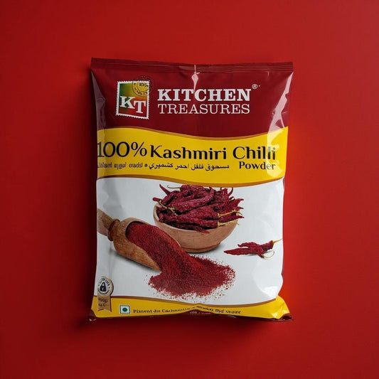 Bag of Kitchen Treasures 100% Kashmiri Chilli Powder on a red background