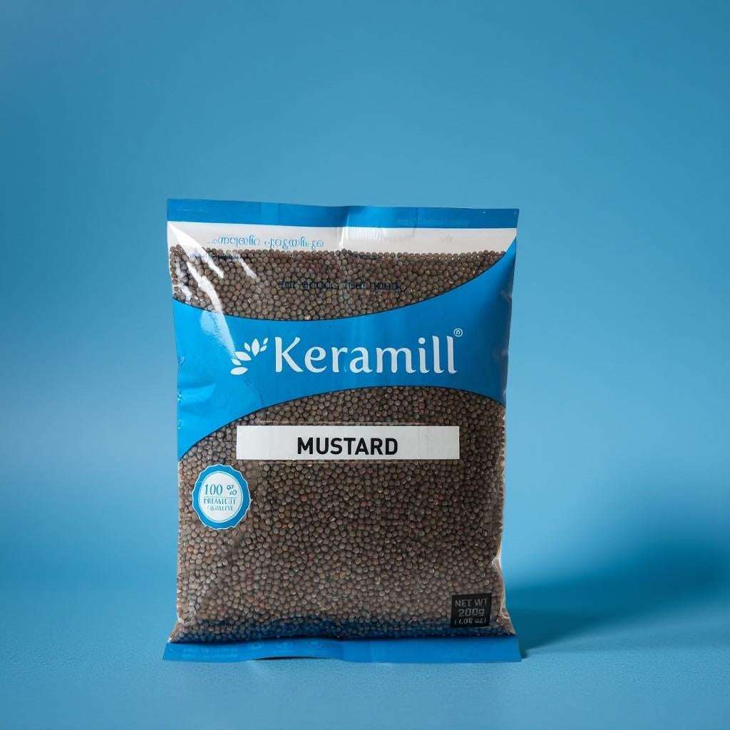 Keramill mustard packaging on a blue background