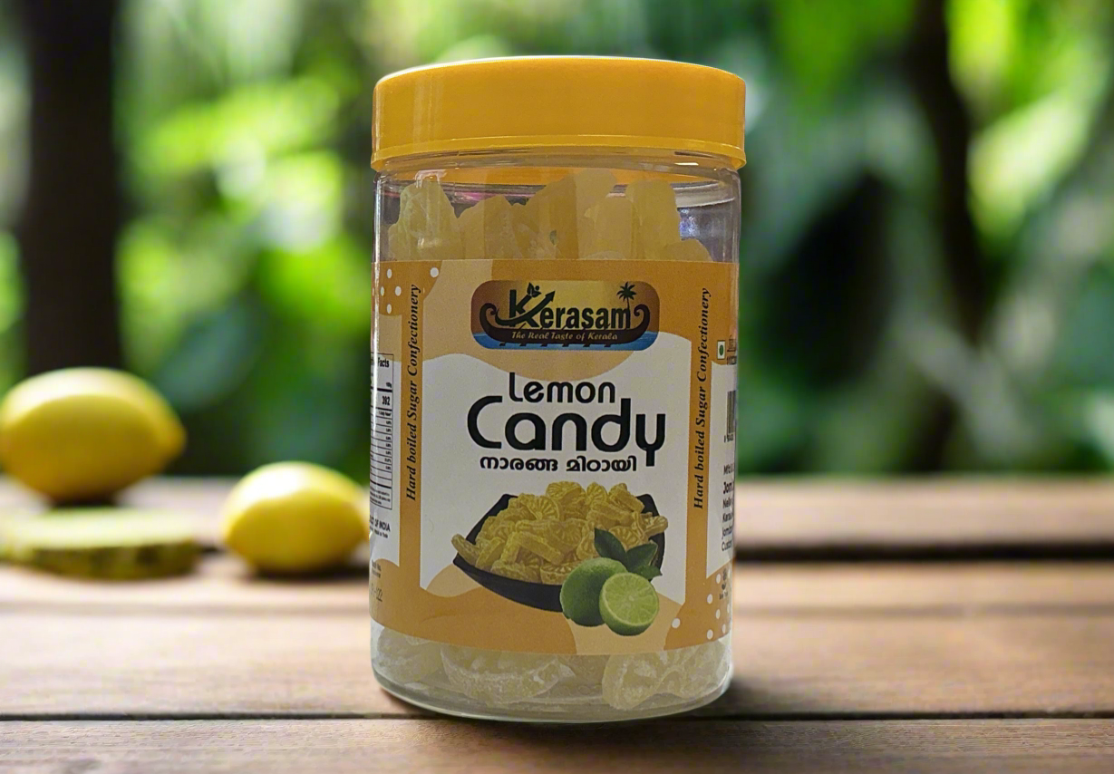Jar of Kerasami Lemon Candy on a wooden surface with lemons in the background