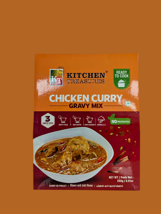 Packaging of Kitchen Treasures Chicken Curry Gravy Mix on an orange background