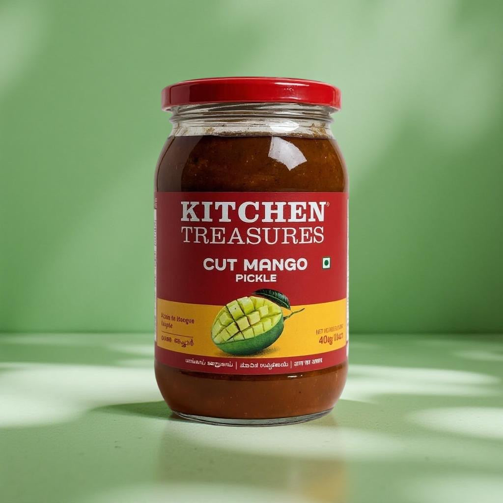 Jar of 'Kitchen Treasures Cut Mango Pickle' on a green background