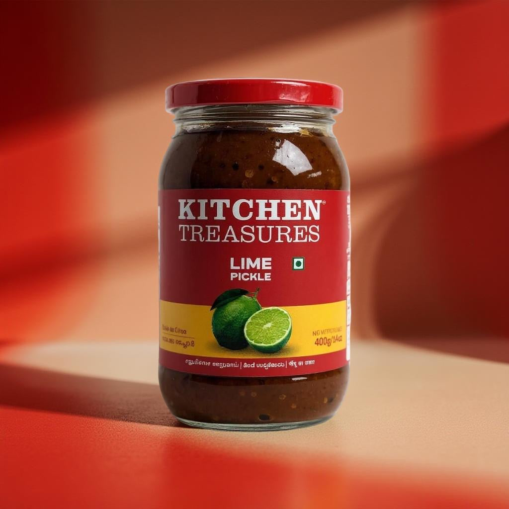 Jar of 'Kitchen Treasures' lime pickle on a red background
