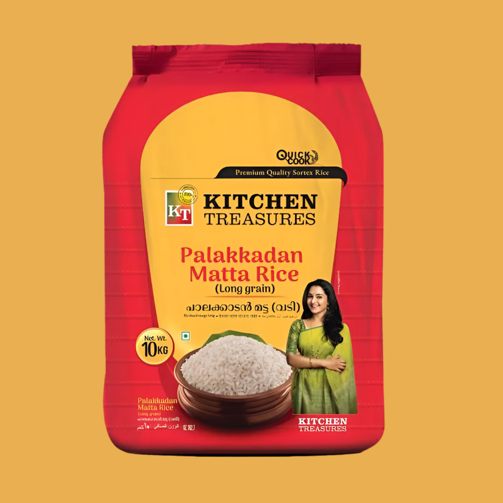 Bag of Kitchen Treasures Palakkadan Matta Rice on a yellow background