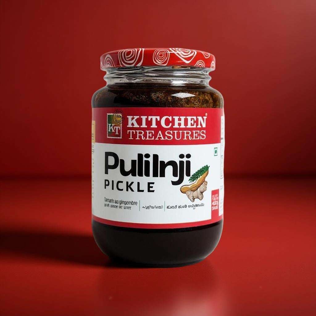 Jar of Kitchen Treasures Pulinji Pickle on a red background