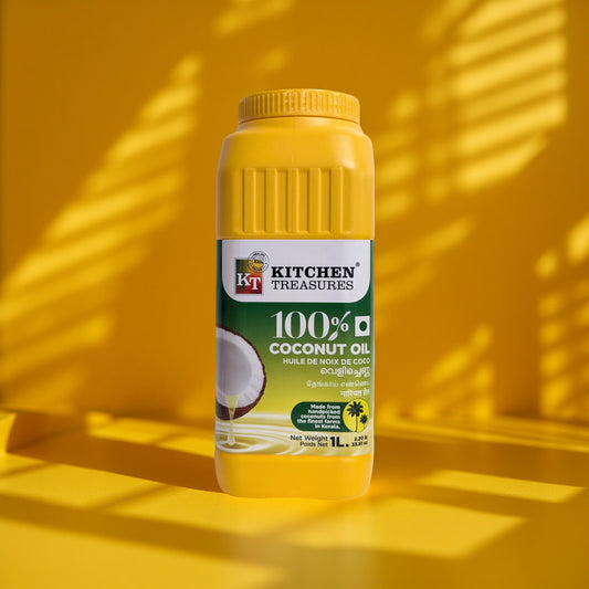 Bottle of Kitchen Treasures 100% coconut oil on a yellow background