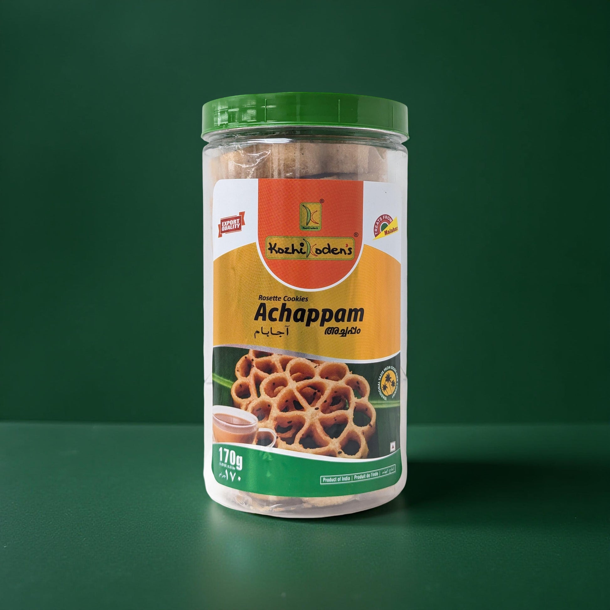 Jar of Achappam cookies with a green background