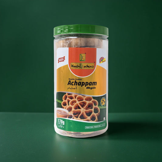 Jar of Achappam cookies with a green background