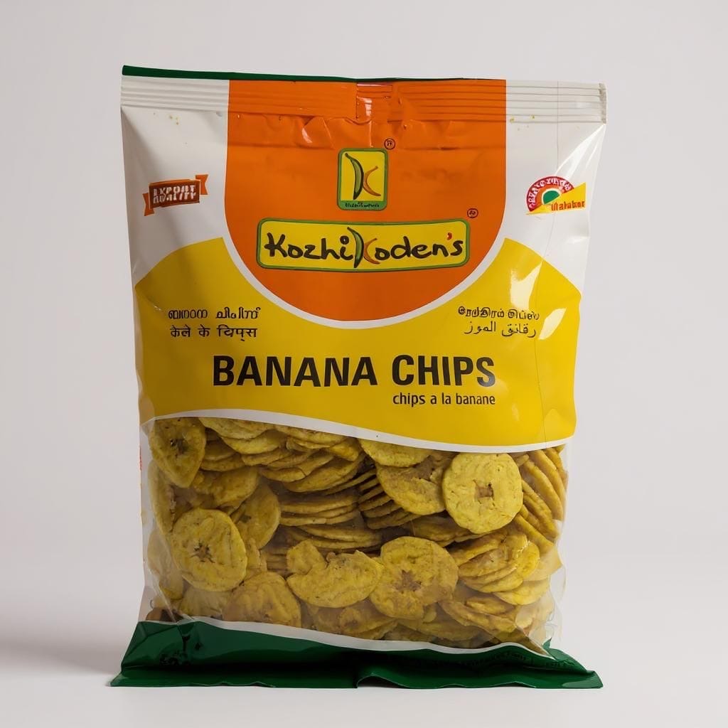 Packaged banana chips with Kozhi Koden's branding on a white background