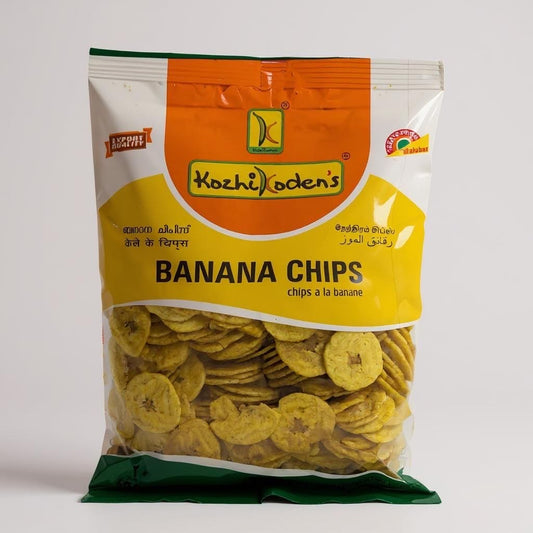 Packaged banana chips with Kozhi Koden's branding on a white background