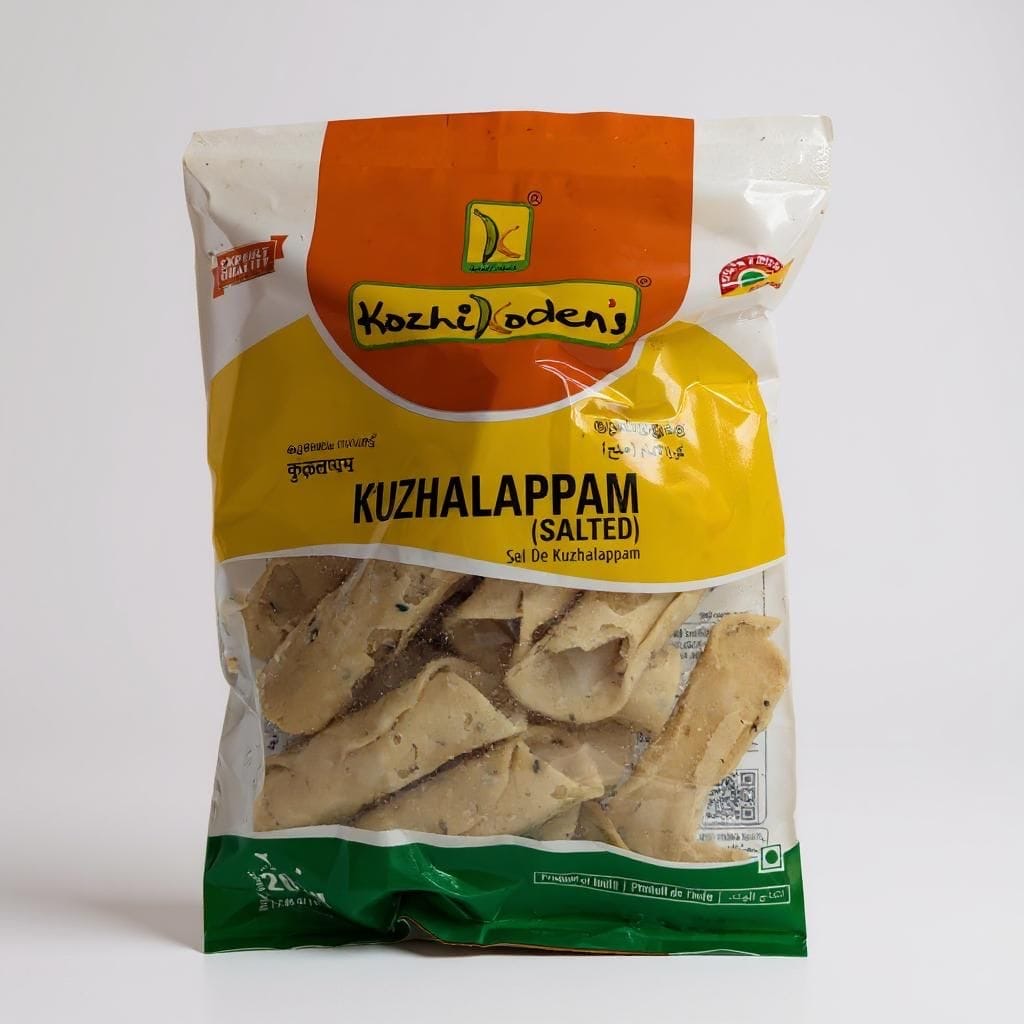 Kozhikoden's Kuzhalappam salted snack package on a white background