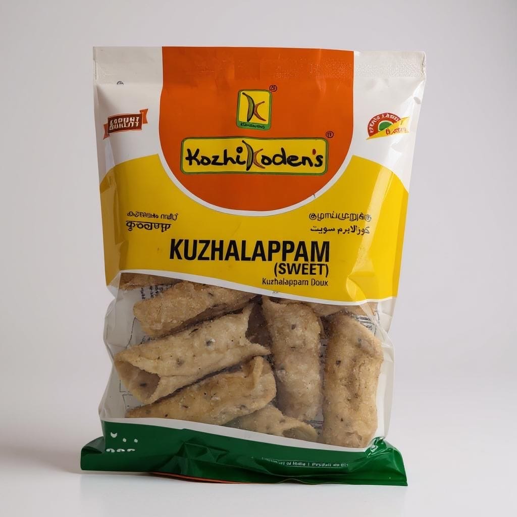 Kozhi Koden's Kuzhalappam sweet packaging on a white background