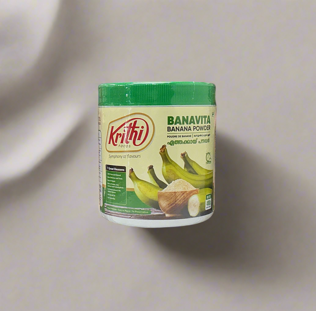 Jar of Krithi Bananavita Banana Powder on a neutral background