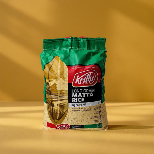 Bag of Krithi Long Grain Matta Rice on a yellow background