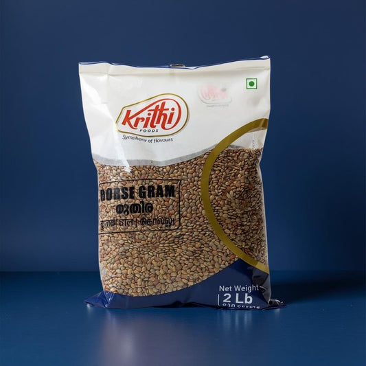 Bag of horse gram with Krithi Foods label on a blue background