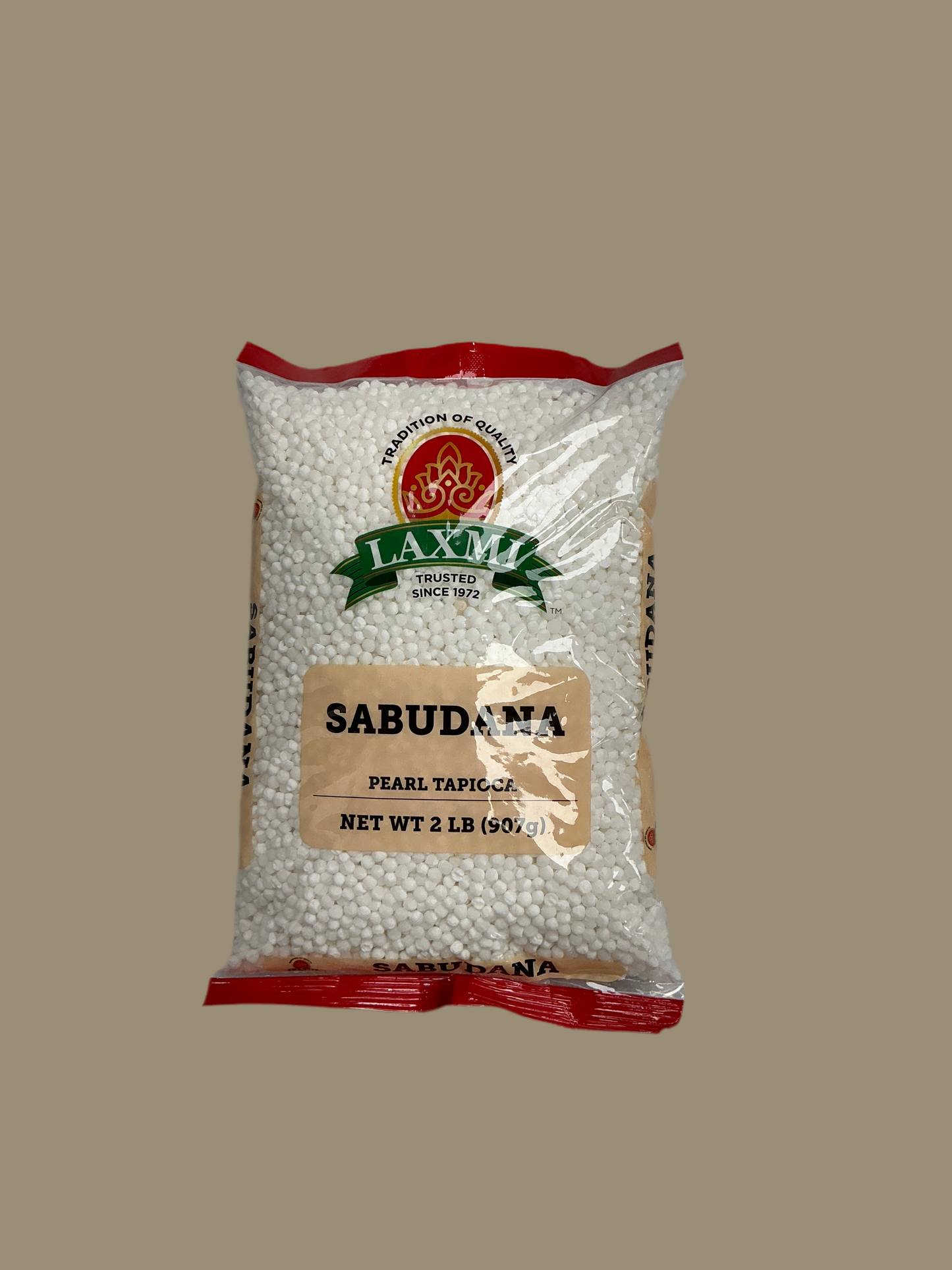 Bag of Laxmi Sabudana pearl tapioca on a beige background