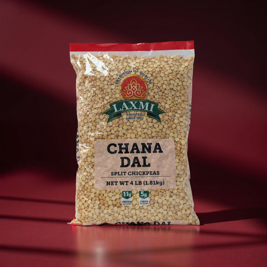 Bag of Laxmi Chana Dal split chickpeas on a red background