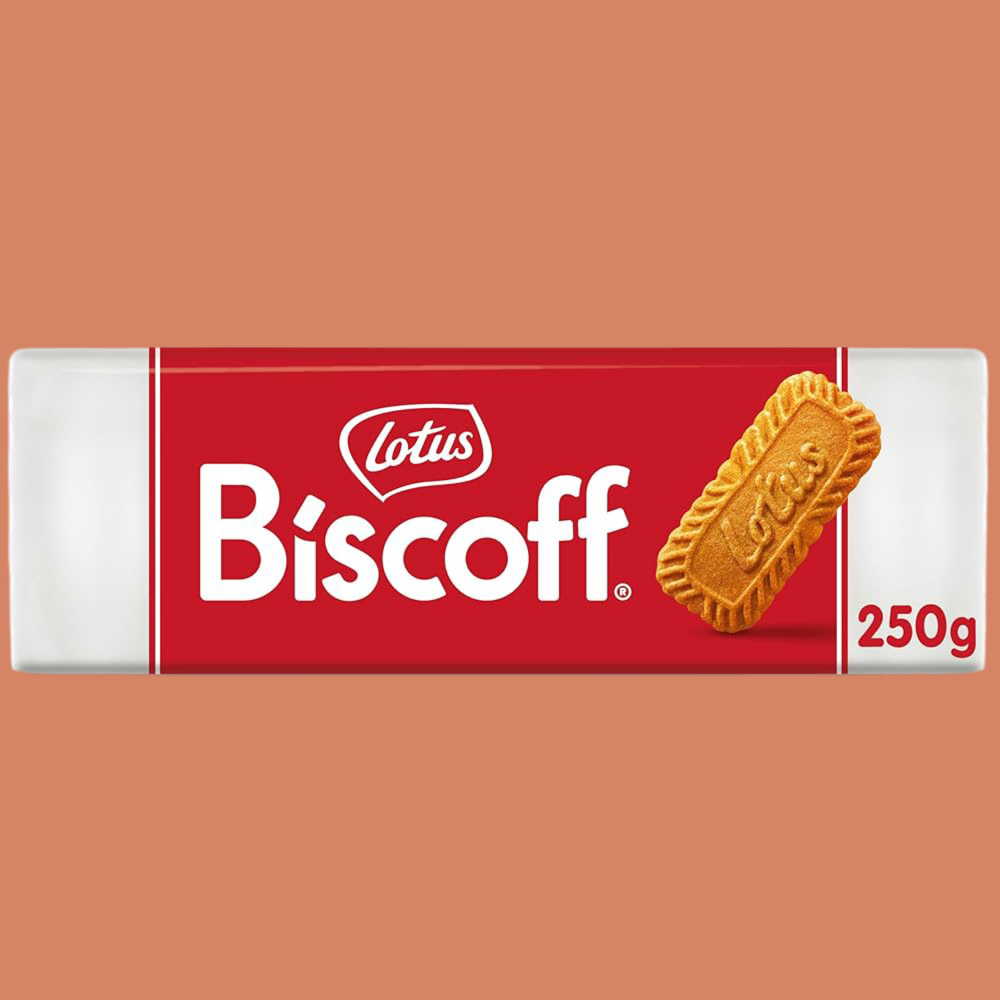 Lotus Biscoff cookie bar packaging on a brown background