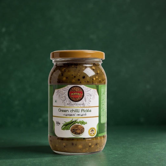 Jar of green chili pickle with a label on a green background