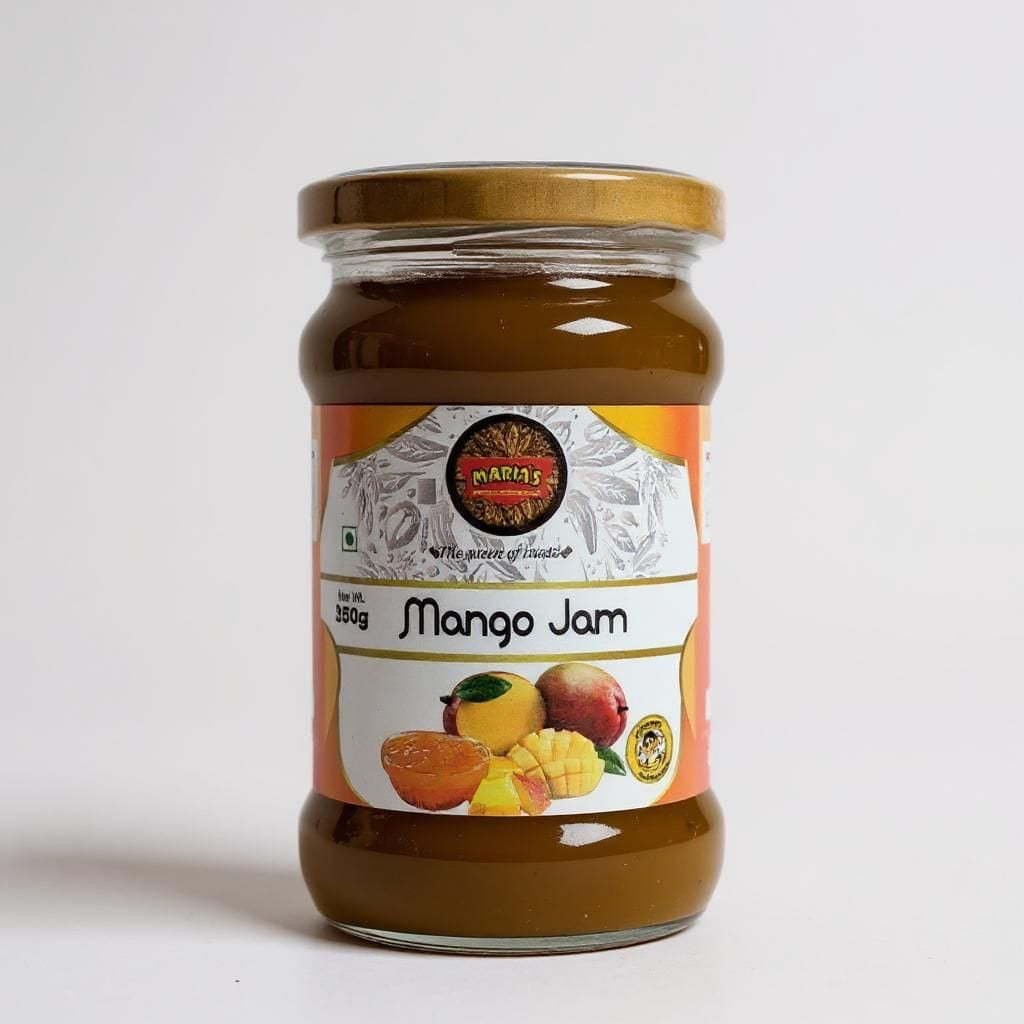 Jar of Mango Jam with a visible brand label on a white background