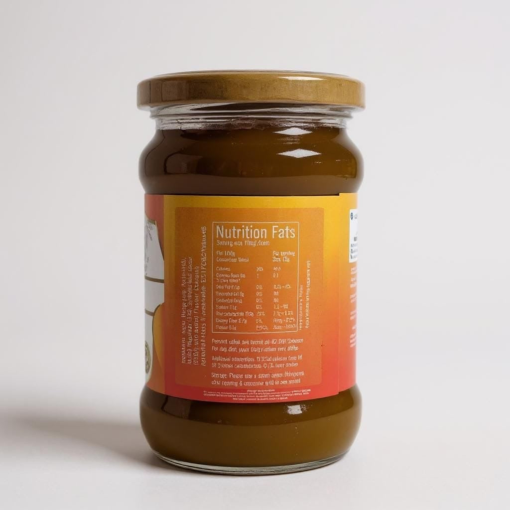 Jar of honey with a nutrition label on a white background
