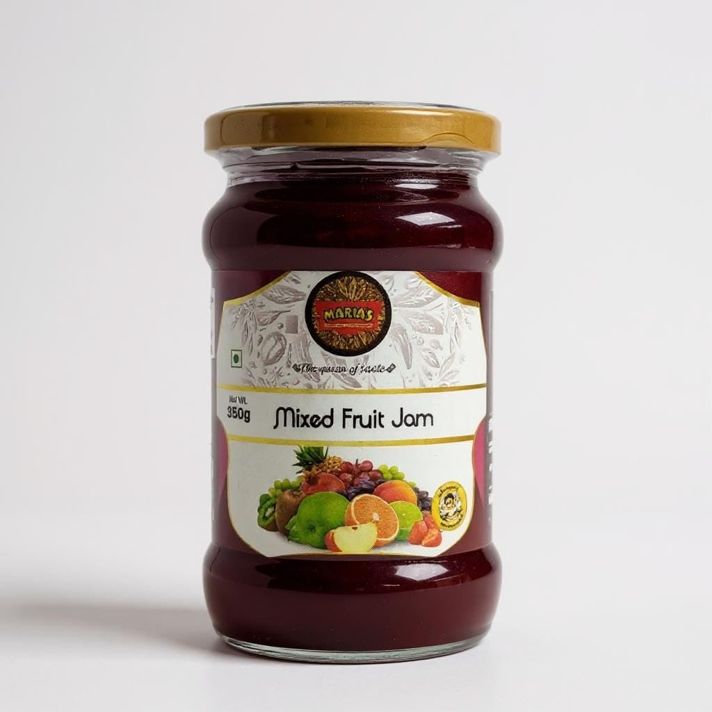 Jar of mixed fruit jam with a visible label on a white background