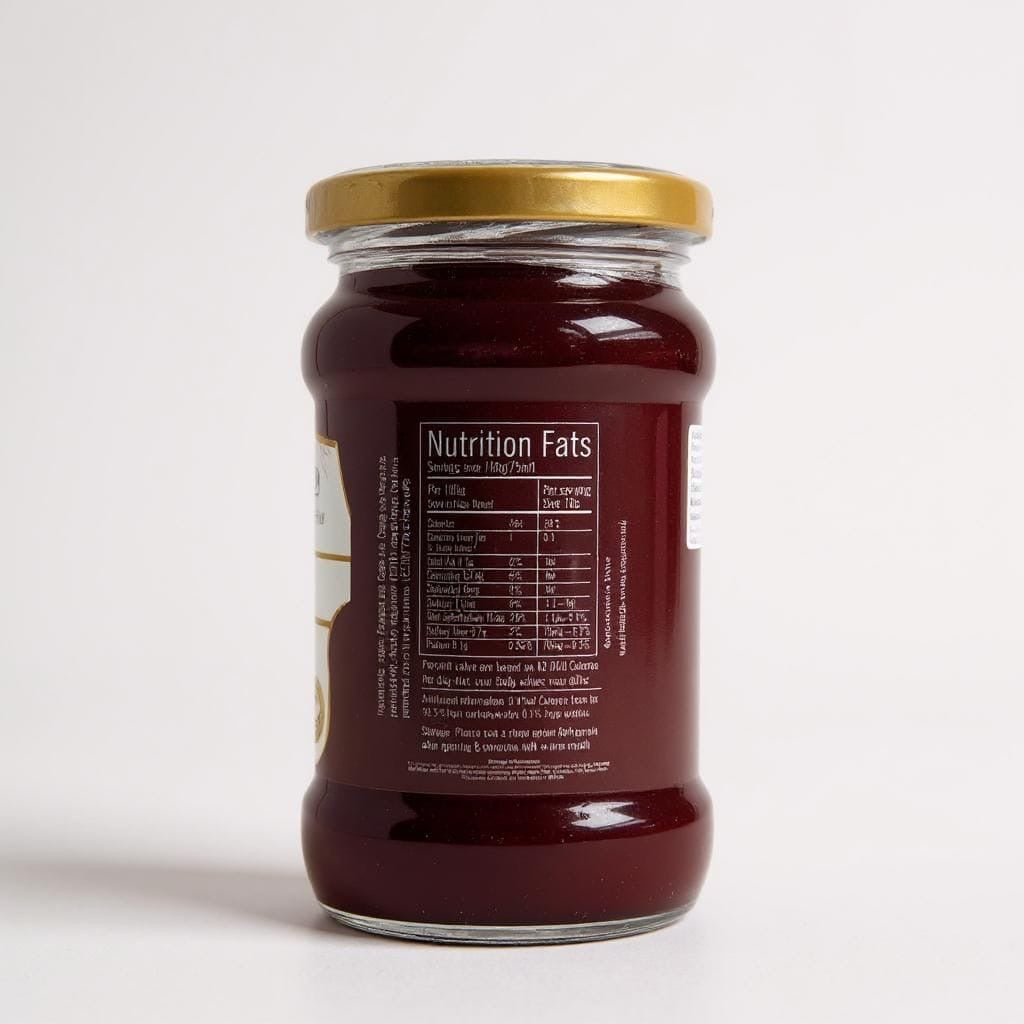 Jar of red jelly with gold lid on a white background