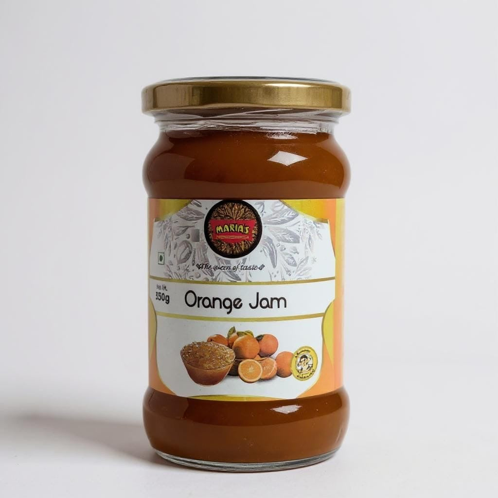 Jar of orange jam with a visible label on a white background