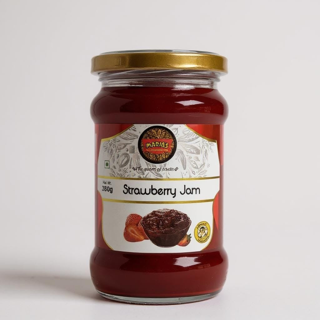 Jar of strawberry jam with a gold lid on a white background