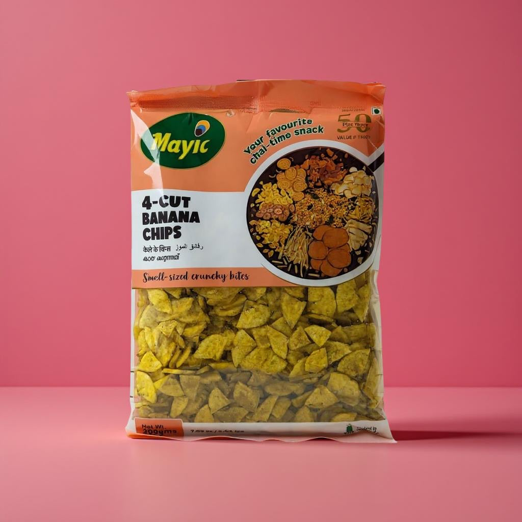 Packaged banana chips with Mayic branding on a pink background